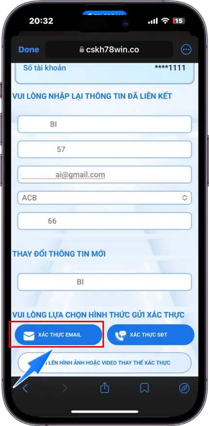 Bước 3 : Nhập thông tin đã đăng ký tại hệ thống >> Nhập thông tin muốn thay đổi >> Chọn xác thực EMAIL